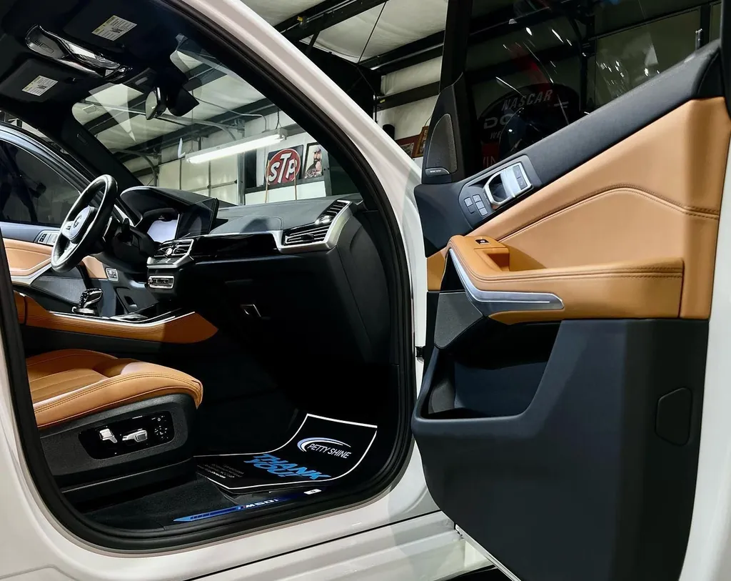 BMW door panel and front seat after interior detailing and leather conditioning