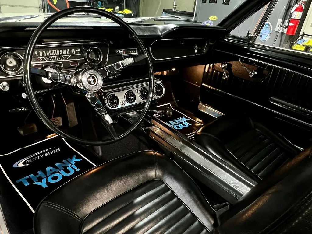 Classic Ford Mustang interior and steering wheel after a full interior detail
