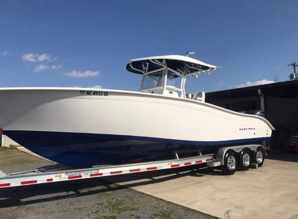 Center console fishing boat on a trailer after a marine detail at Petty Shine in Randleman, North Carolina