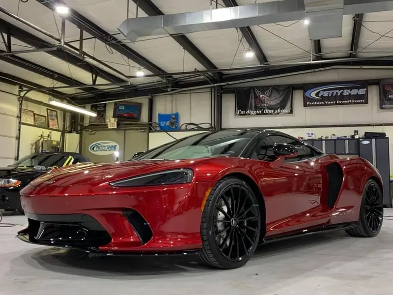 Red McLaren GT inside the Petty Shine shop in Randleman, North Carolina