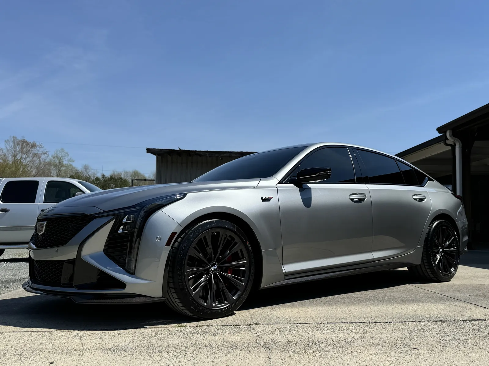 Grey Cadillac CT5-V Blackwing outside the Petty Shine shop in Randleman